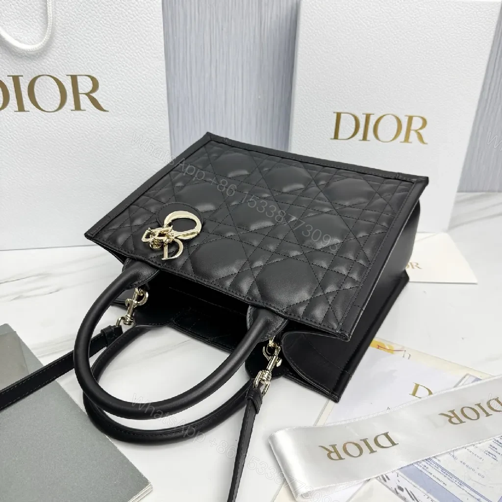 View 3 of Black Quilted Mini Tote - Leather, Gold Charm, Structured, Compact Carryall