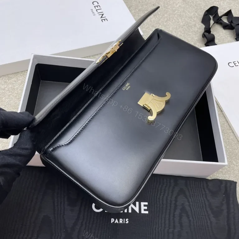 View 2 of Chic Black Leather Shoulder Bag â€“ Gold Logo Clasp, CELINE