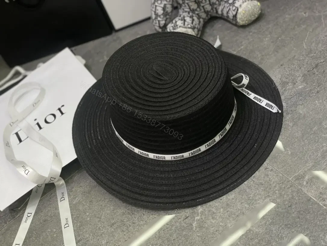 View 7 of Beige/Black Wide-Brim Straw Hat with L’ADIOR Ribbon, DIOR Emblem