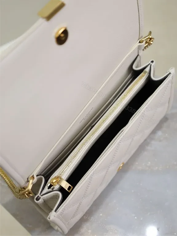View 3 of White Quilt Leather Crossbody Bag with Gold YSL Logo