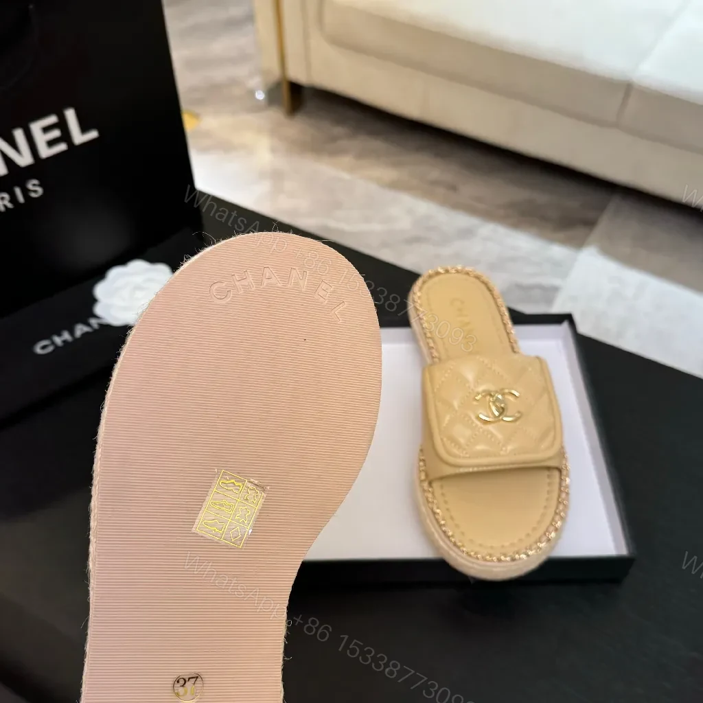 View 4 of Beige Quilted Slide, Gold Logo, Designer-Inspired Comfort