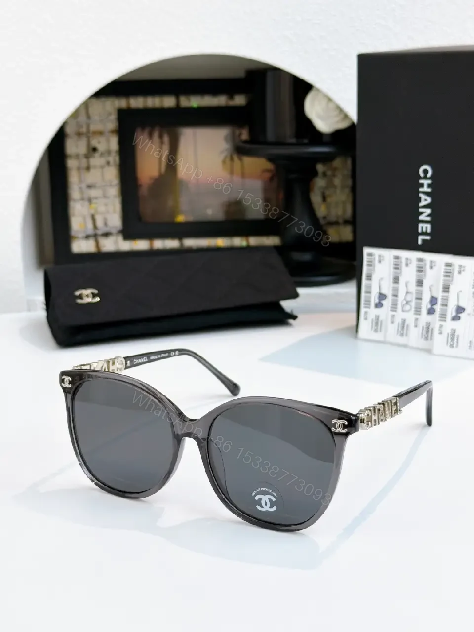View 2 of Black Thick-Rim Glasses, Square Full-R Rim, Sculpted Bridge, Ribbed Arms, Chanel Detailing