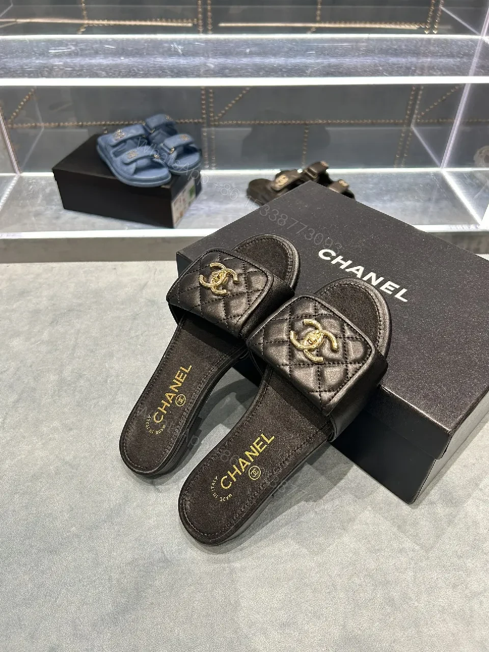 View 4 of Quilted Leather Slides - Luxury Comfort, Gold Logo Detail