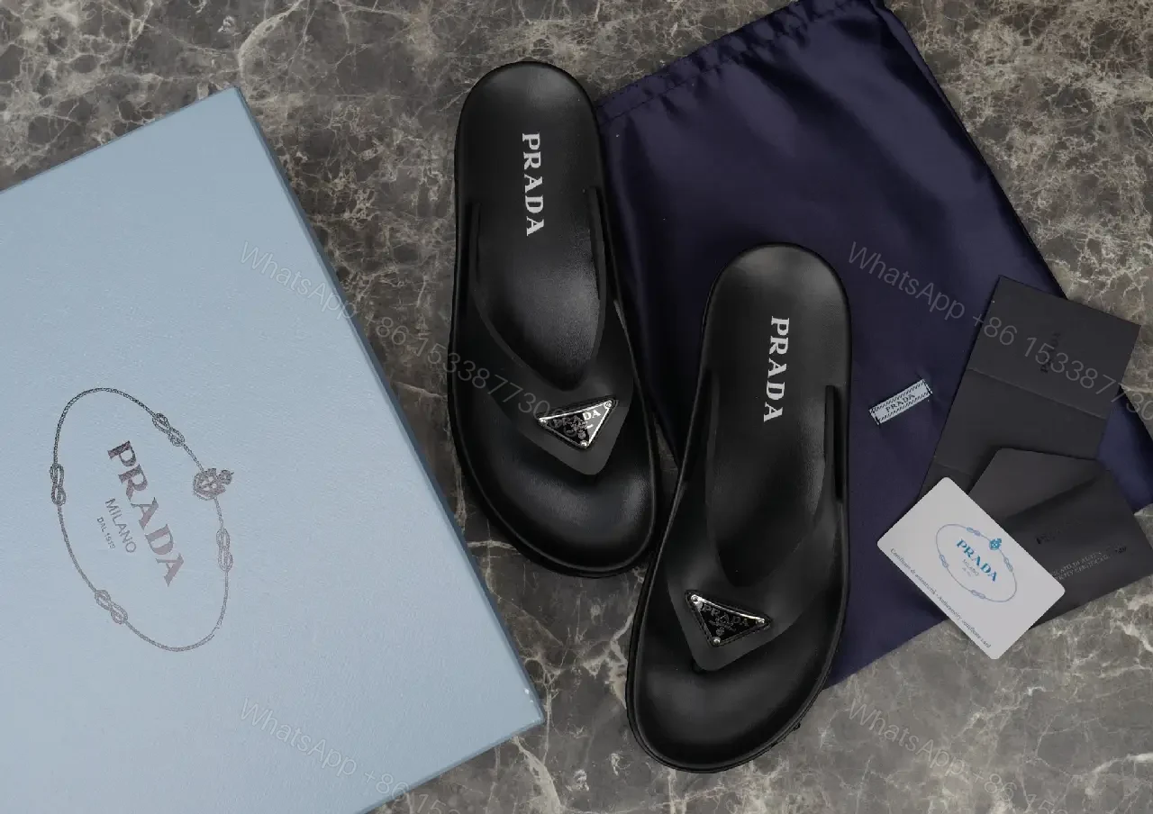 View 7 of Black Leather Flip-Flops Modern Minimalist Prada Slip-On Style Beach Footwear
