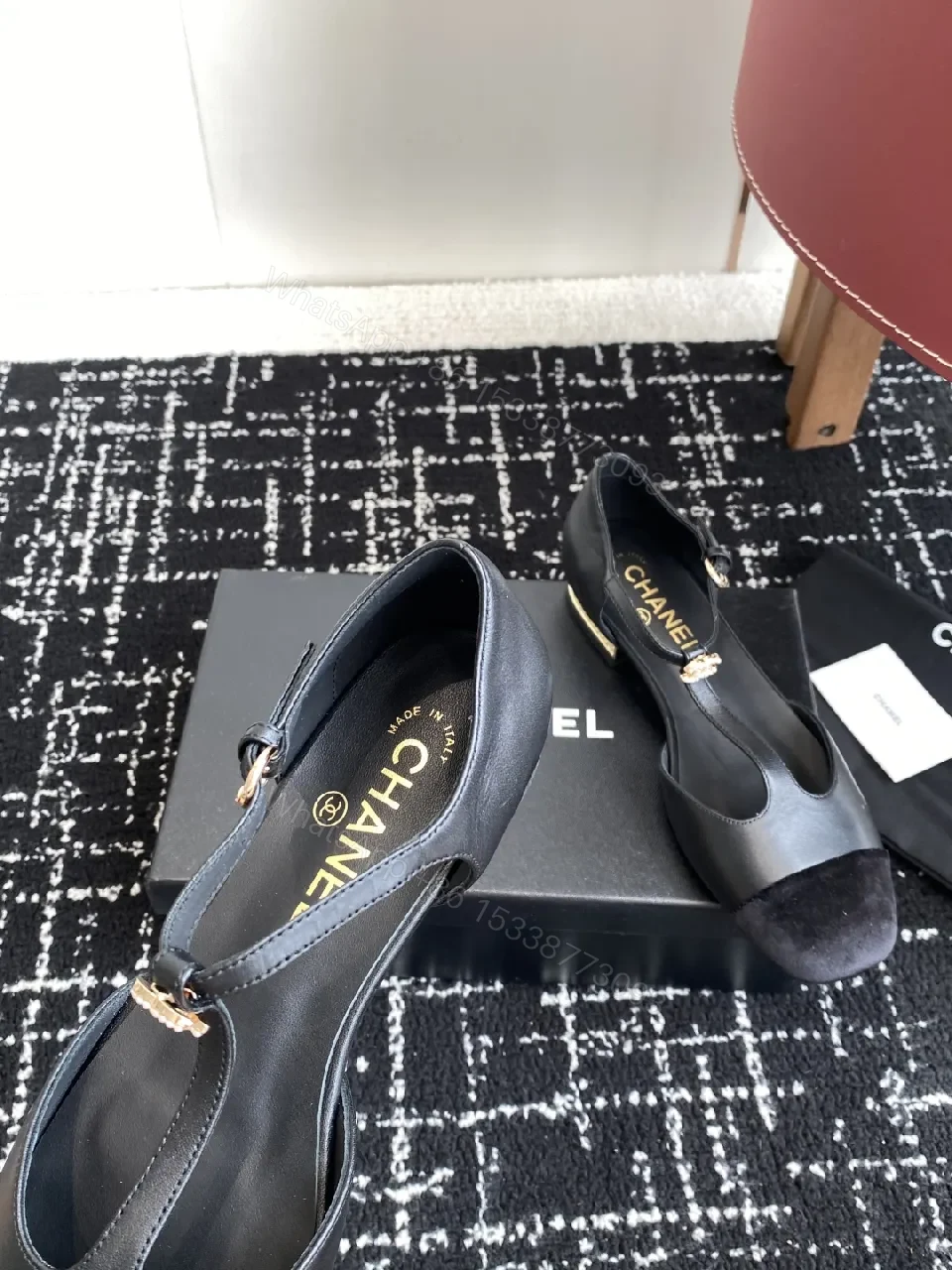 View 3 of Black Satin & Suede Slingback Heels with Gold Hardware