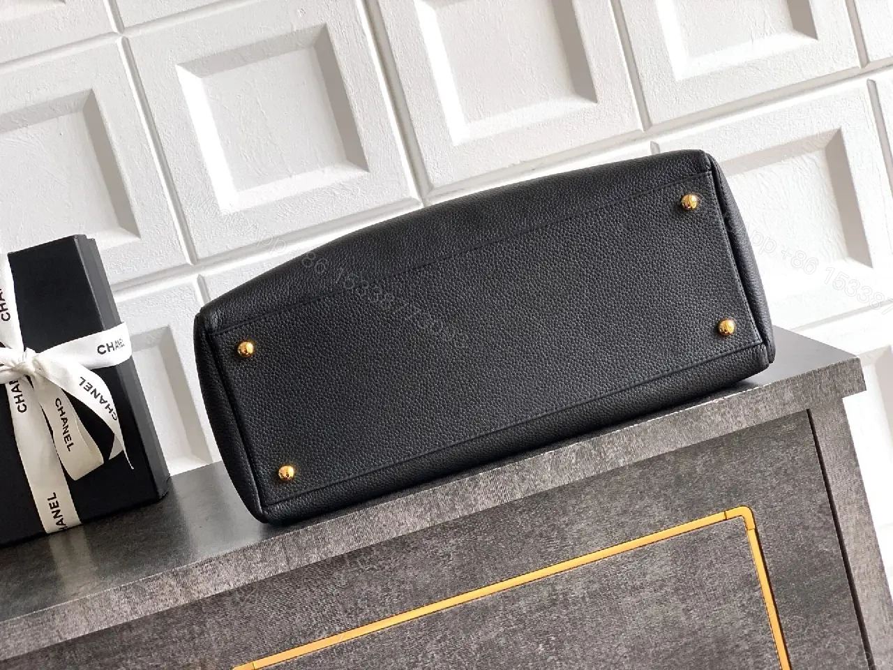 View 9 of Structured Black Leather Tote with Gold Closure Tote