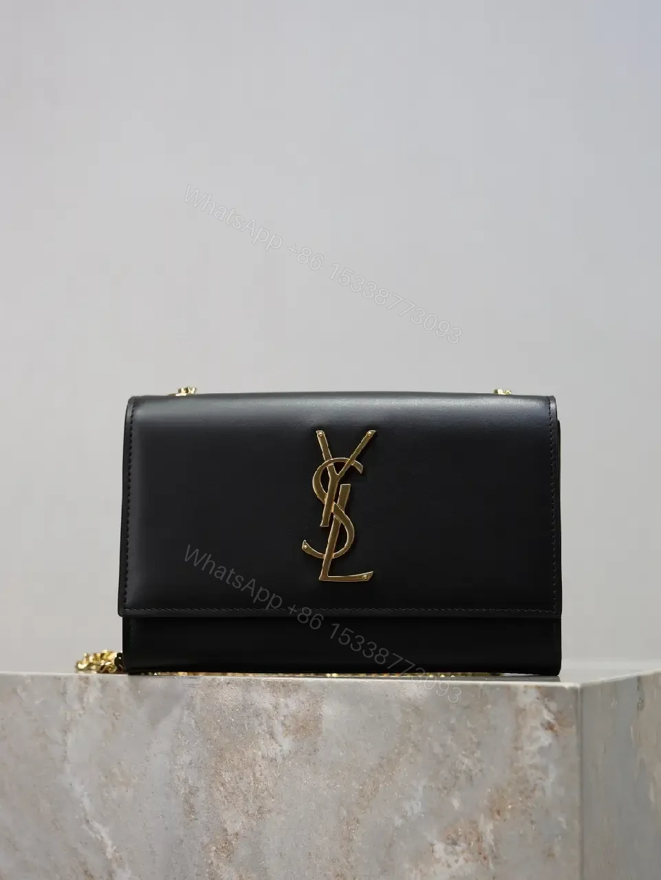 Black Leather Bag with Gold YSL-Inspired Logo, Compact, Everyday Glam — view 1