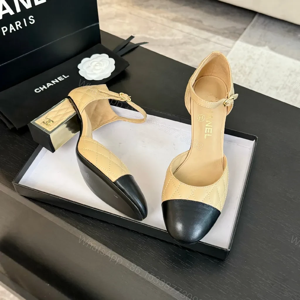 View 4 of Two-Tone Quilted Heels with Ankle Strap, Block Heel, Luxe Quilting