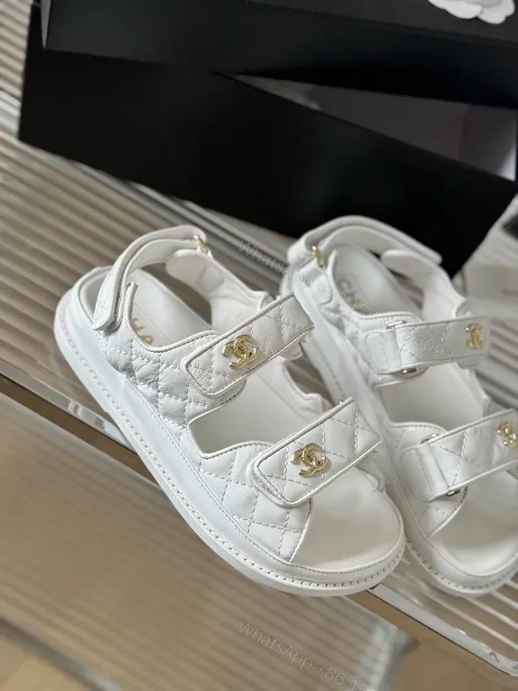 View 6 of Quilted Metallic White Sandals with Gold Hardware - Luxury Style