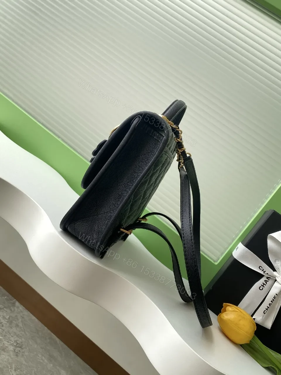 View 9 of Black Leather Quilted Crossbody Bag: Gold Hardware, Structured Style