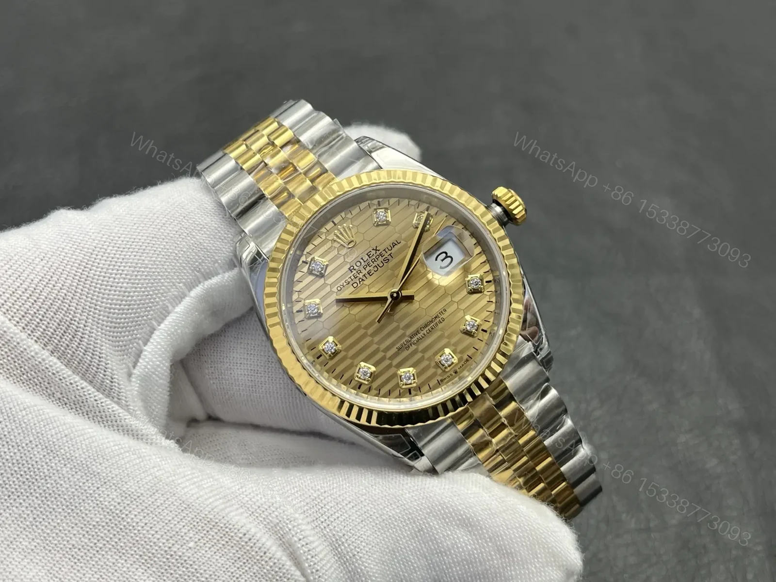 View 2 of Rolex Datejust 36 Stainless Steel Yellow Gold Fluted Champagne Fluted Diamond Jubilee 126233-0045