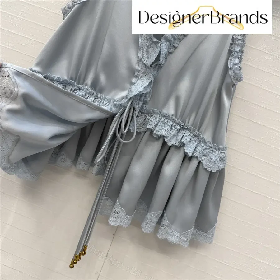 View 5 of Chloe Blue Silk-Satin Top with Lace Trim