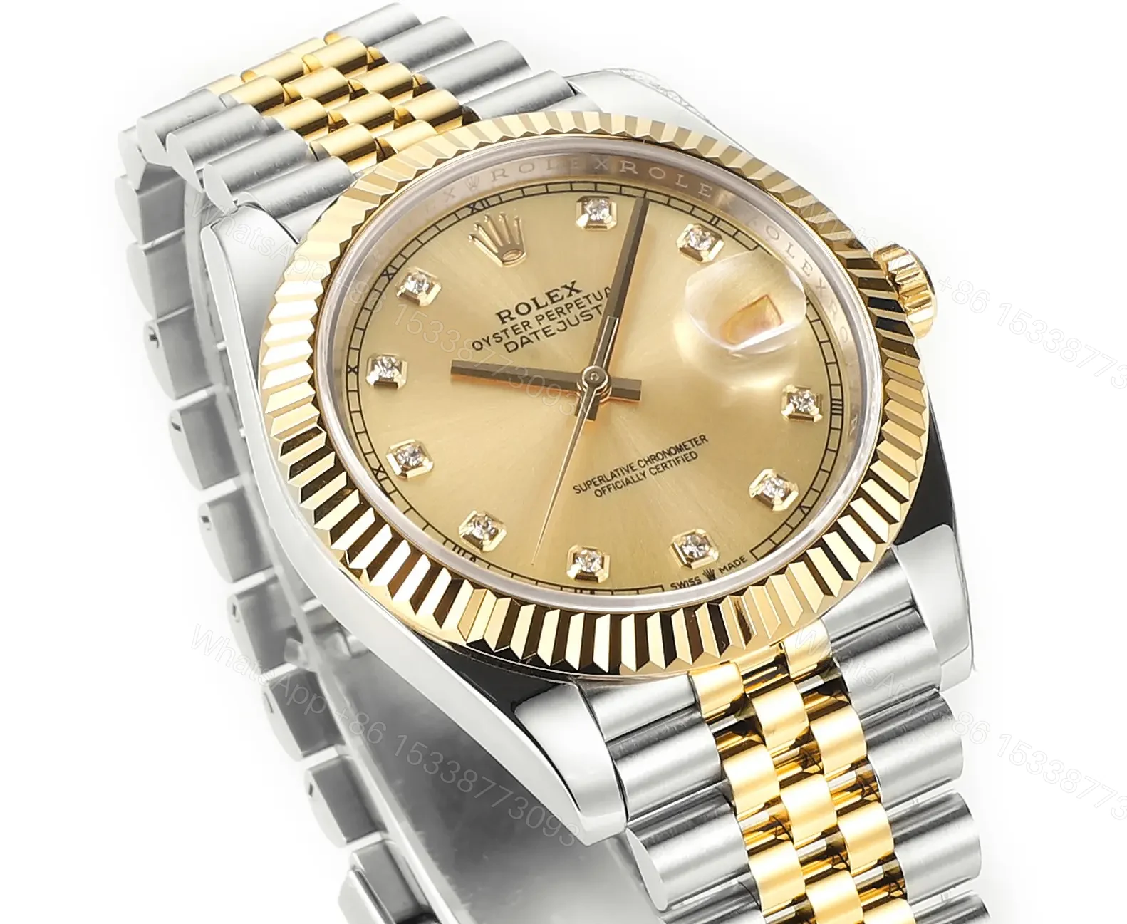 View 3 of Rolex Datejust 41 Yellow Rolesor Fluted Jubilee Champagne Diamond Dial Watch 126333-0012