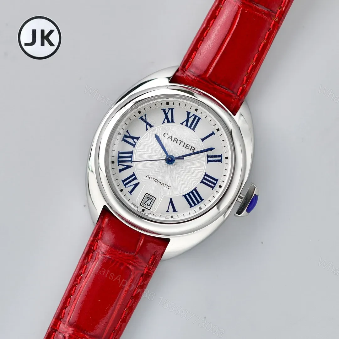 View 2 of V9 Factory Cartier CLE DE Cartier Automatic Watch – Silver Dial, Blue Hands, Red Leather Strap