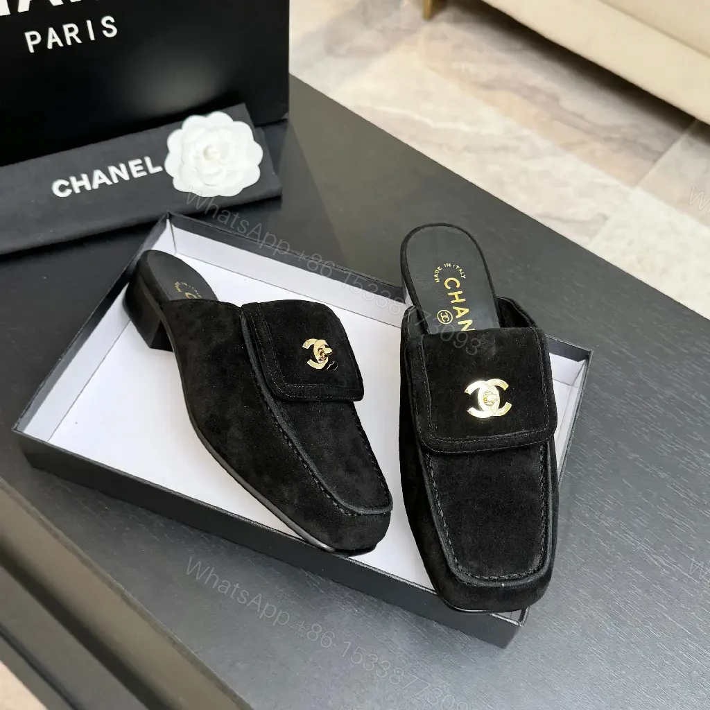 View 9 of Black Suede Slip-Ons with Gold Chanel Logo Moccasins