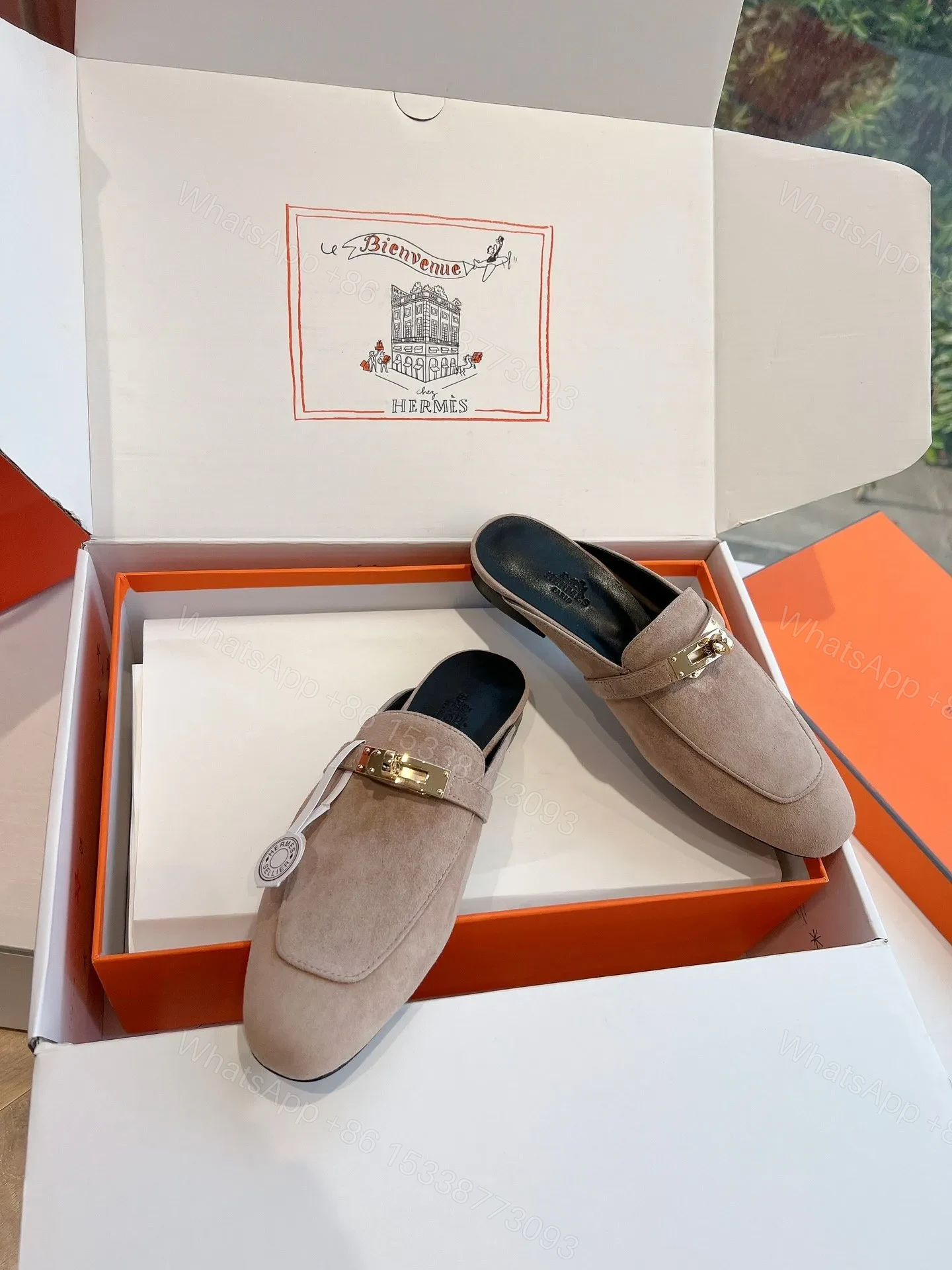 View 5 of Hermes Women Beige Suede Mules