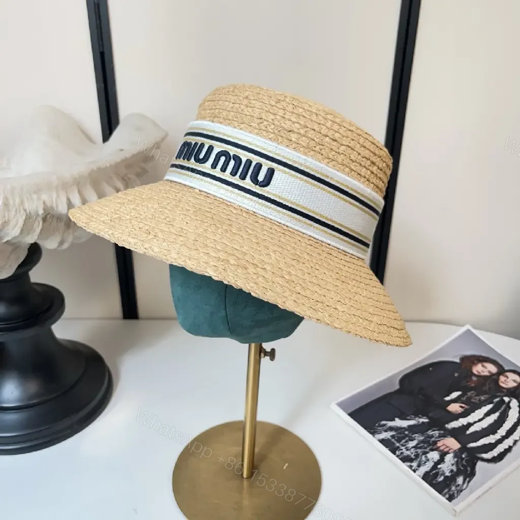 View 7 of Light Tan Straw Hat Wide Brim Flat Crown White Band Blue Stripes MIU MIU Visor Hat