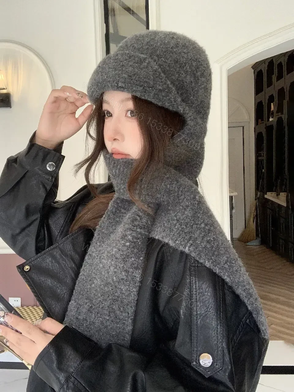 View 10 of Charcoal Wool-Blend Hooded Scarf: Luxe, Textured Warmth