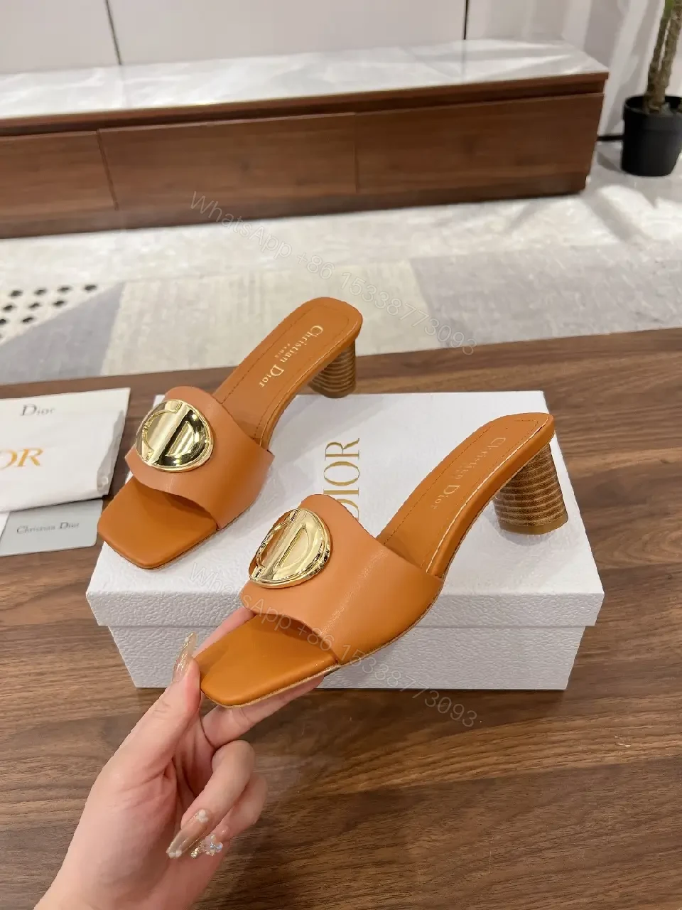 View 10 of Tan Leather Mule Gold Logo Buckle Dior Style Heel Slip-On Sandal
