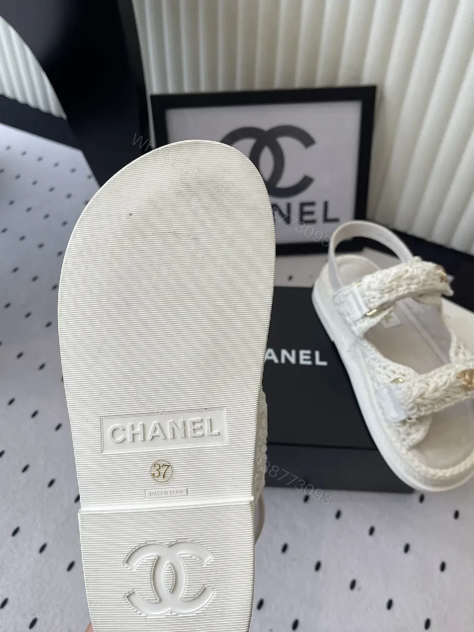 View 5 of Ivory Knit Sandals with Gold Logo - Couture-Style Comfort