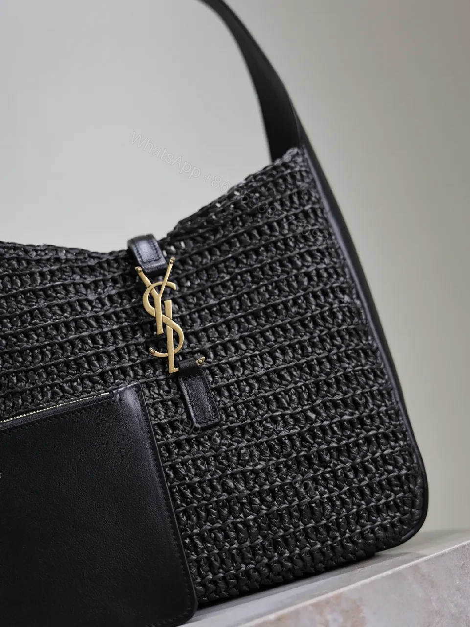 View 8 of Compact Woven Leather Hobo with Chain-Accent Black Leather Bag
