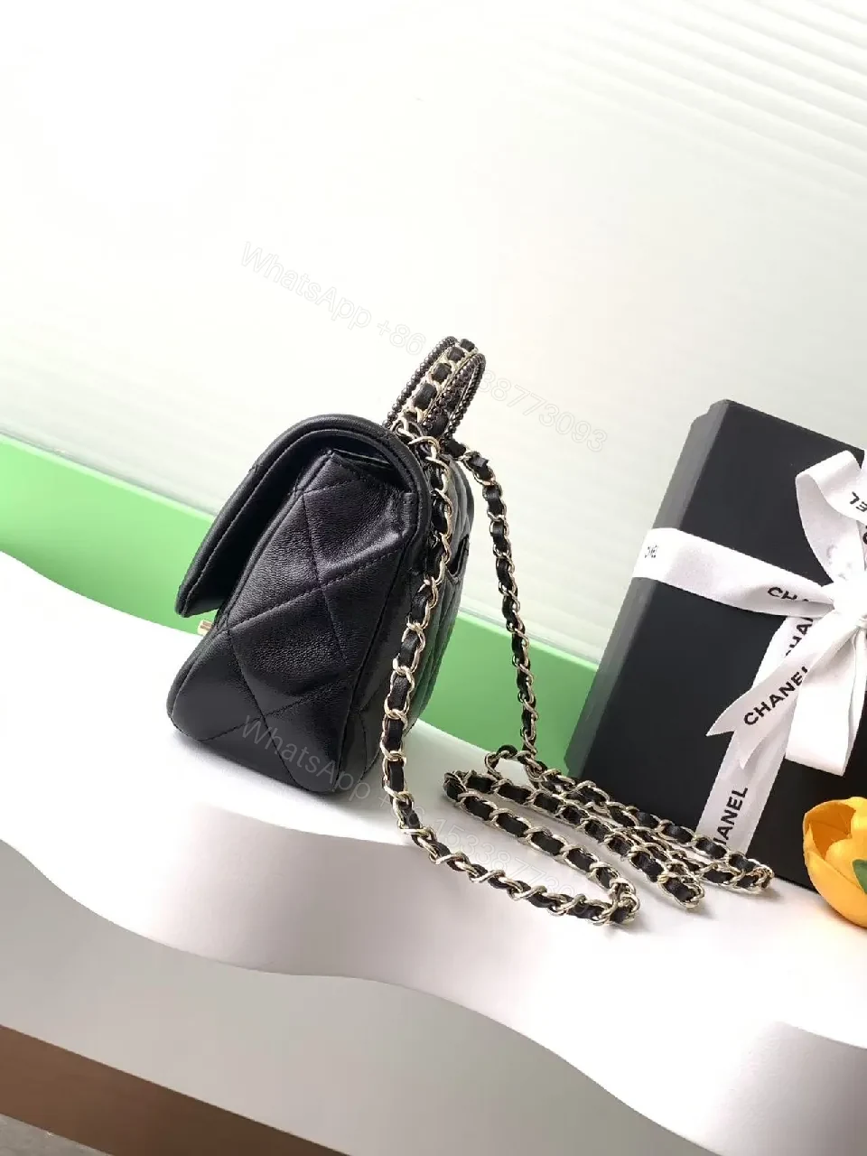 View 6 of Quilted Leather Crossbody Bag: Gold Logo Charm