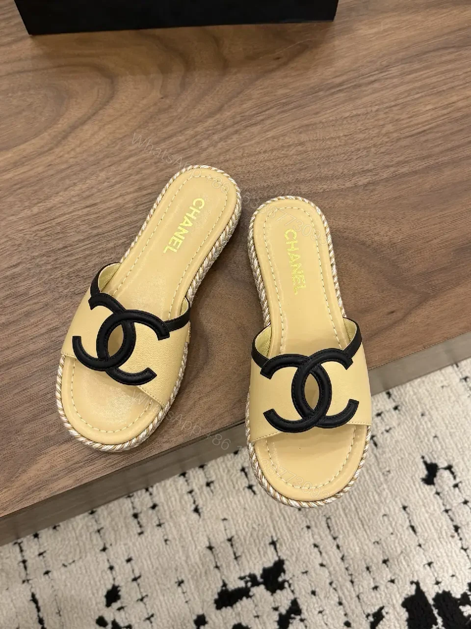 View 10 of Neutral Sand Leather Espadrille Slides with Logo Strap
