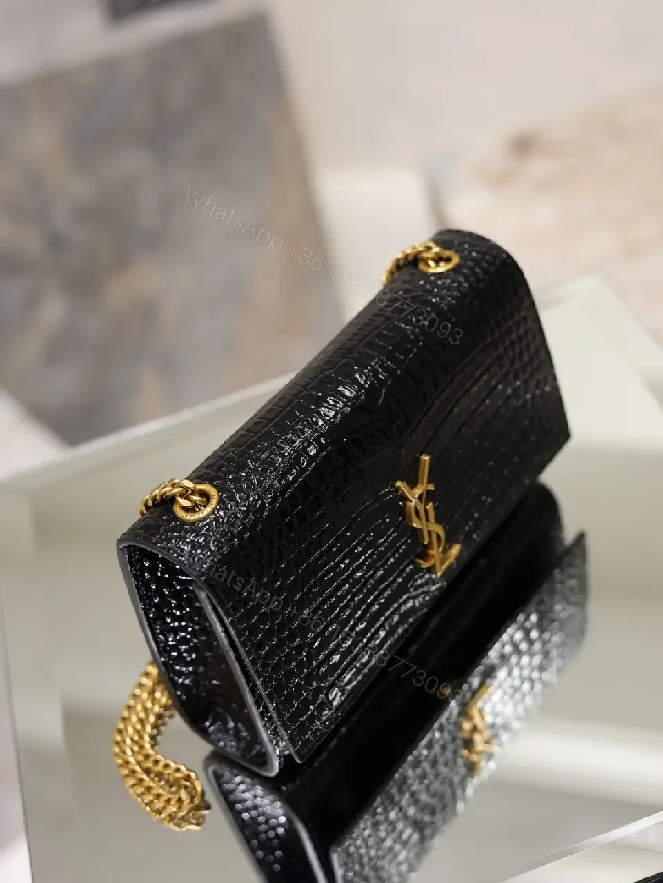 View 3 of Black Crocodile-Embossed Leather Mini Shoulder Bag with Gold YSL Logo