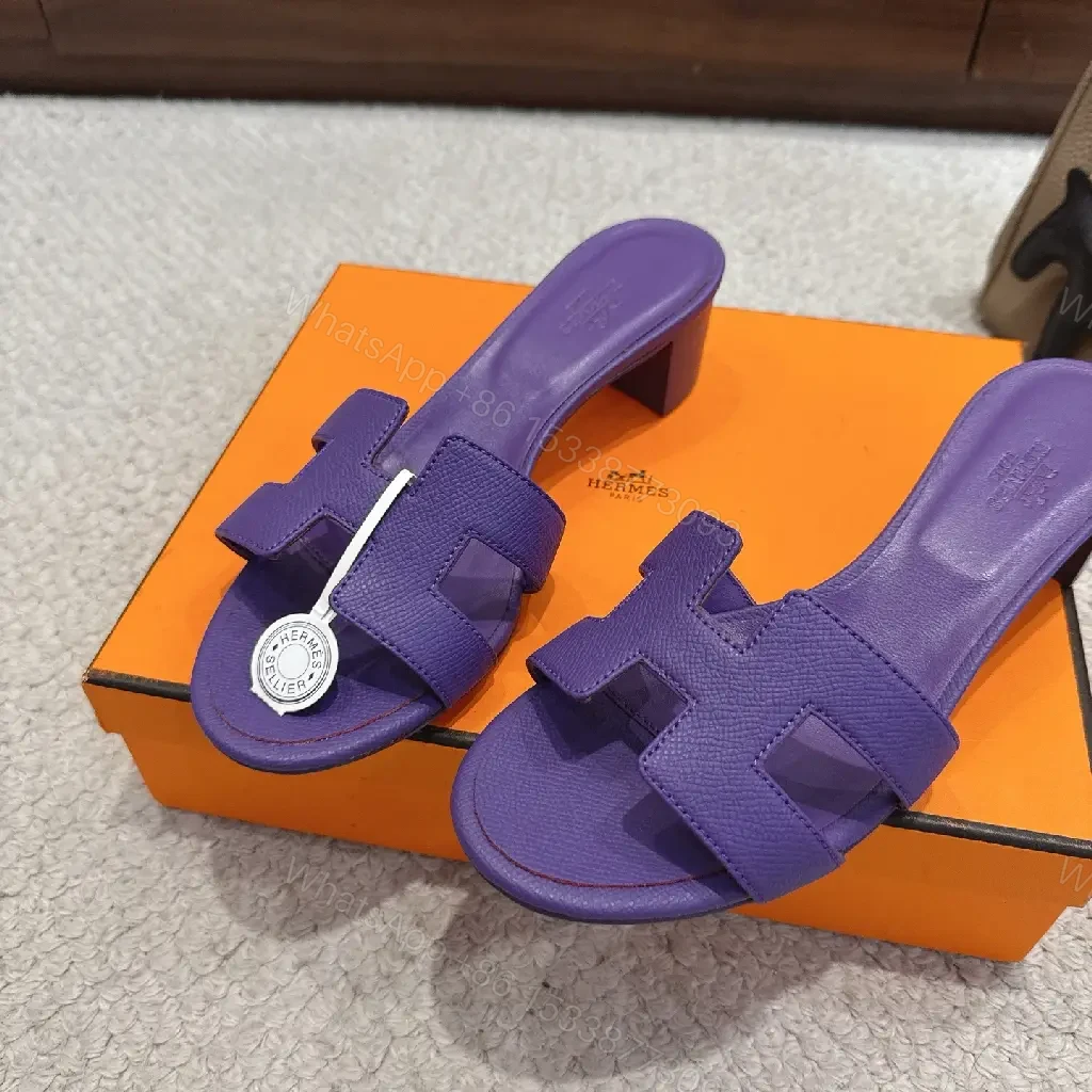 View 8 of Purple Leather Heeled Sandals Hermès-Style Slide Sandals