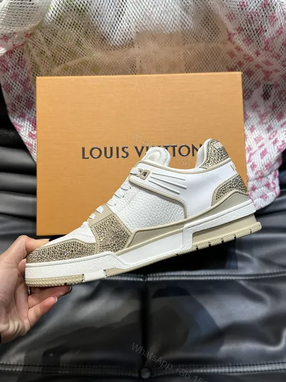 View 3 of White Leather Sneakers with Gold Accents, Perforated Toe, LV Logo