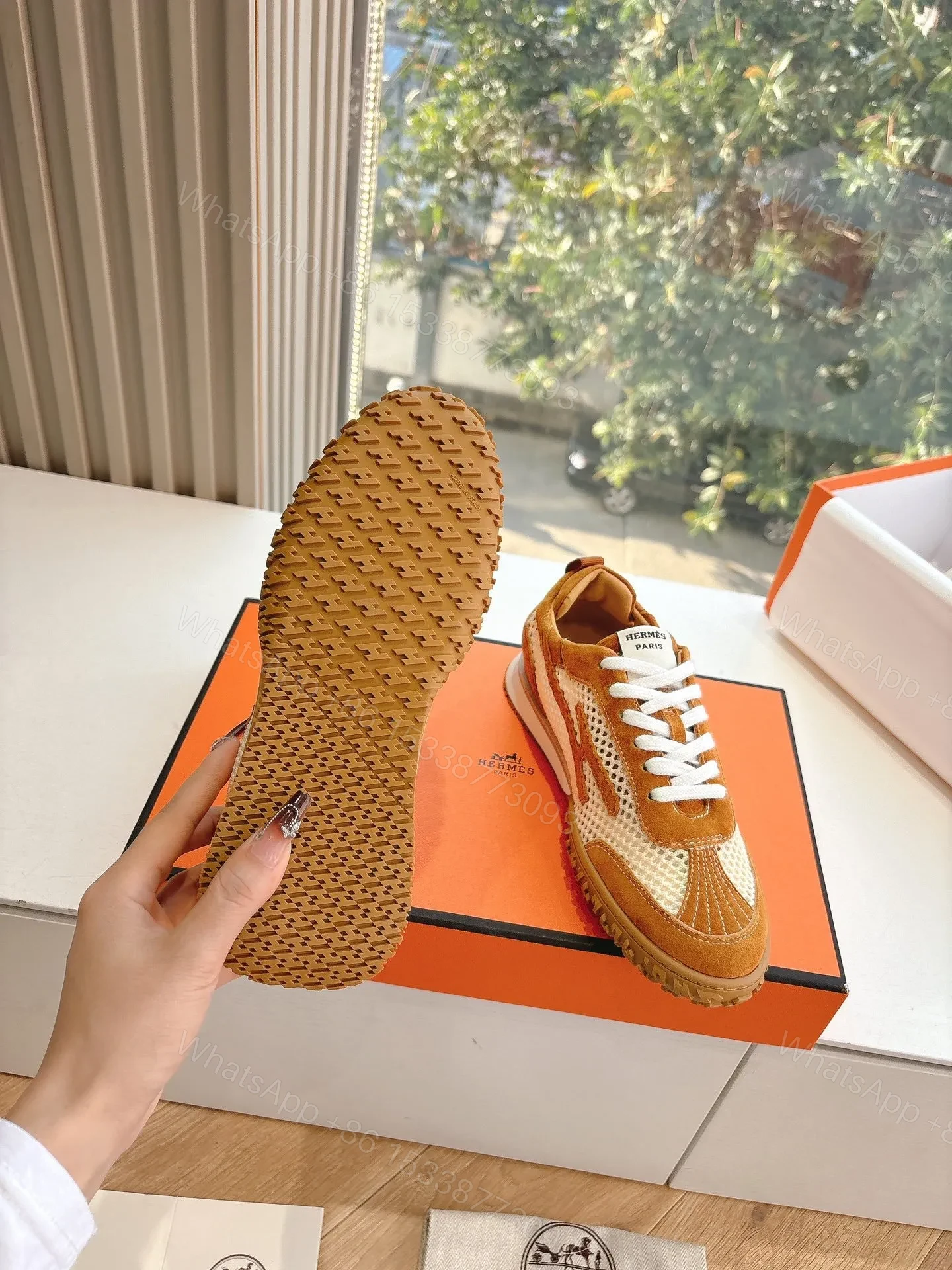 View 2 of Hermes Women Brown Mesh Suede Sneakers