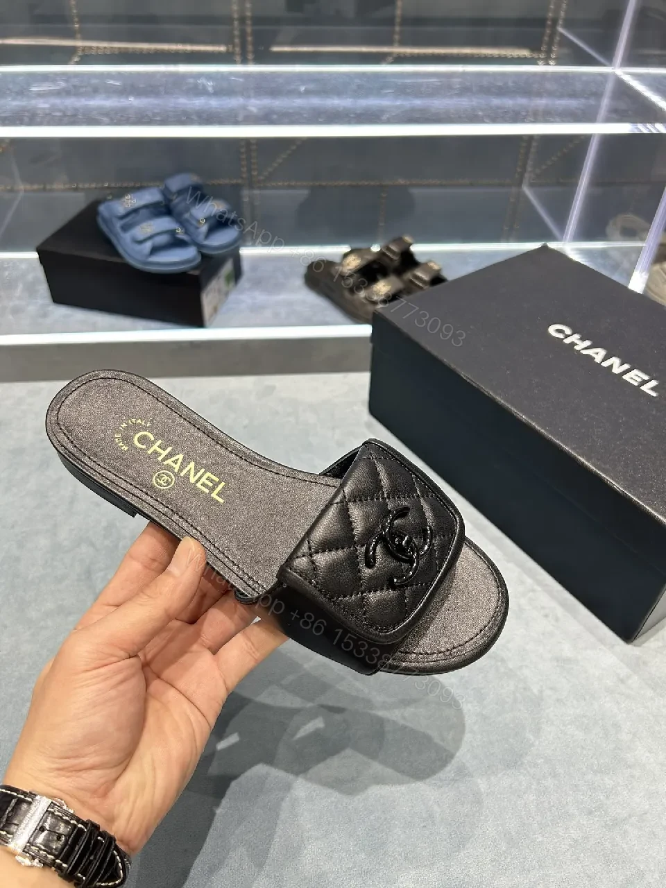 View 8 of Black Leather Quilted Sliders | Luxe Comfort Footbed | Slide Shoes