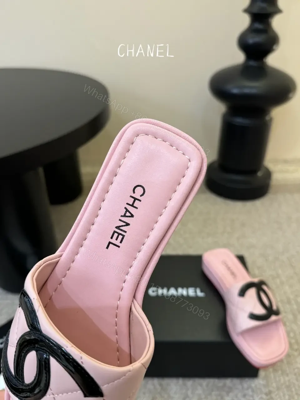 View 7 of Pastel Pink Faux-Leather Slides with Logo Hardware