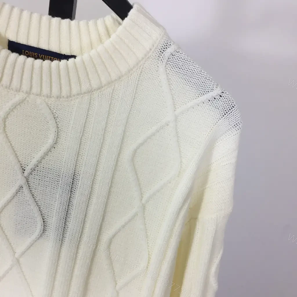 View 6 of Creamy Off-White Cable-Knit Crewneck Sweater with Striped Cuffs