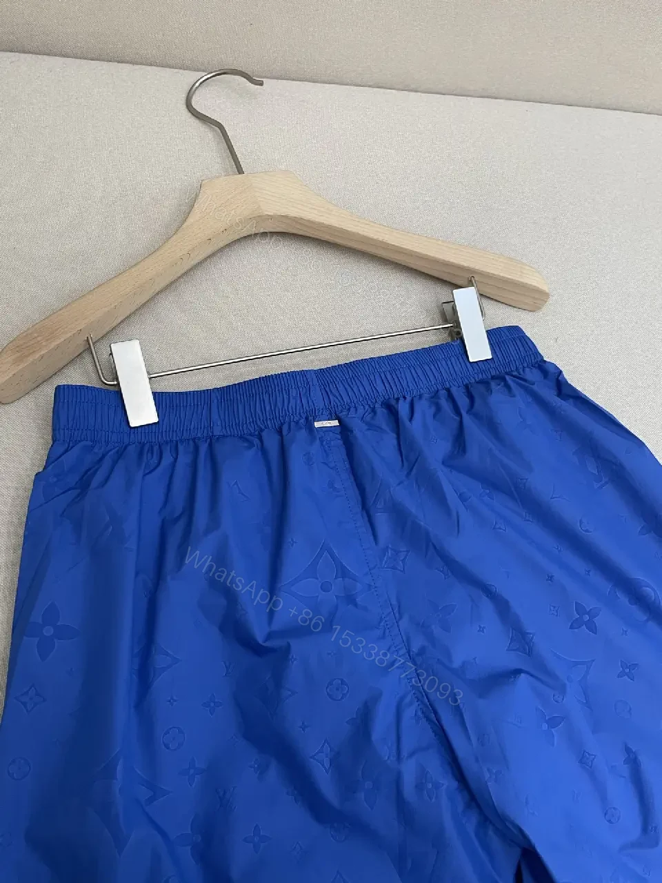 View 6 of Blue Silk-Like Drawstring Shorts, Louis Vuitton Monogram Style, Swim/Active Type