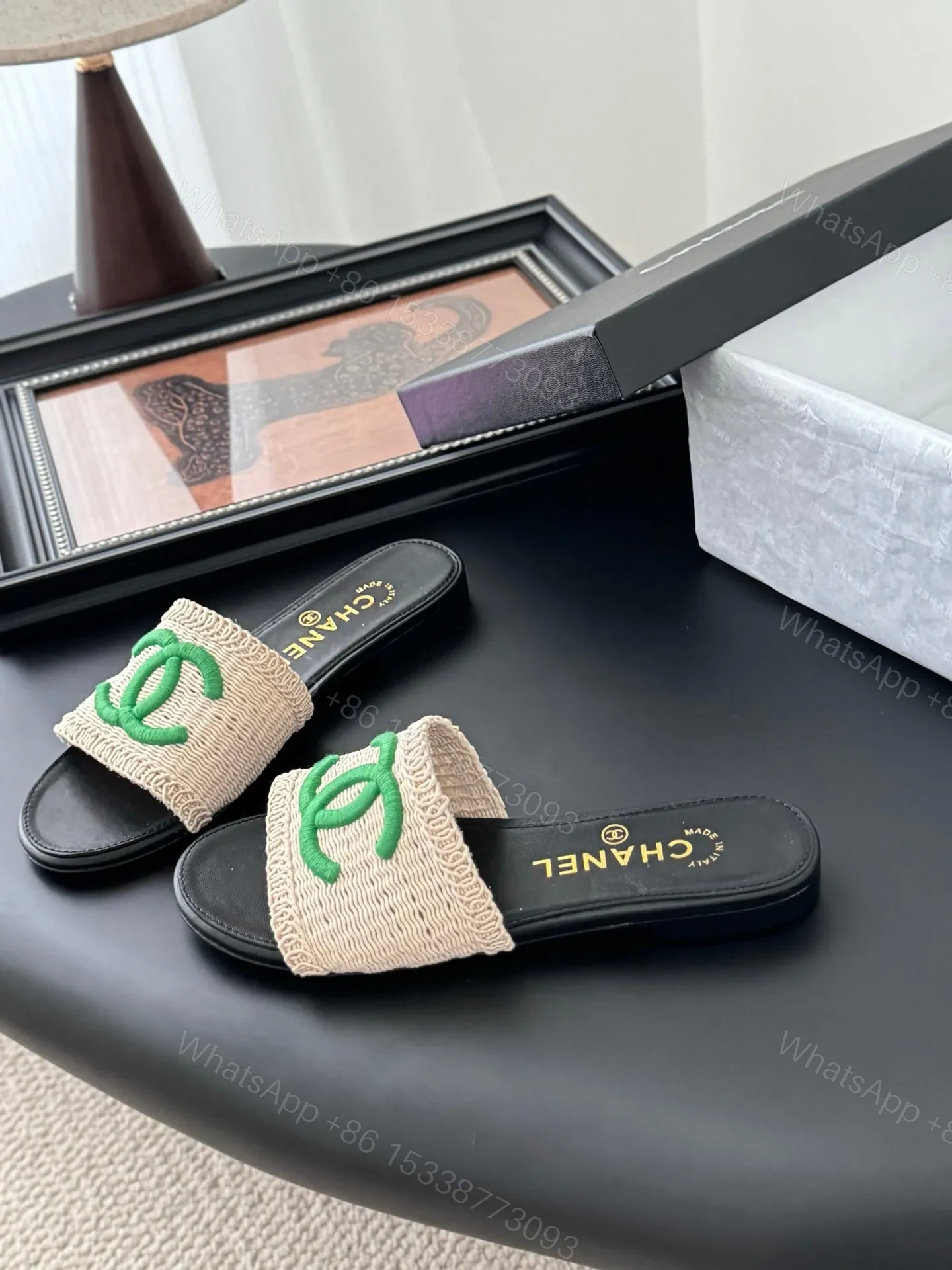 View 2 of Chanel Women Beige Fabric Green Logo Slides