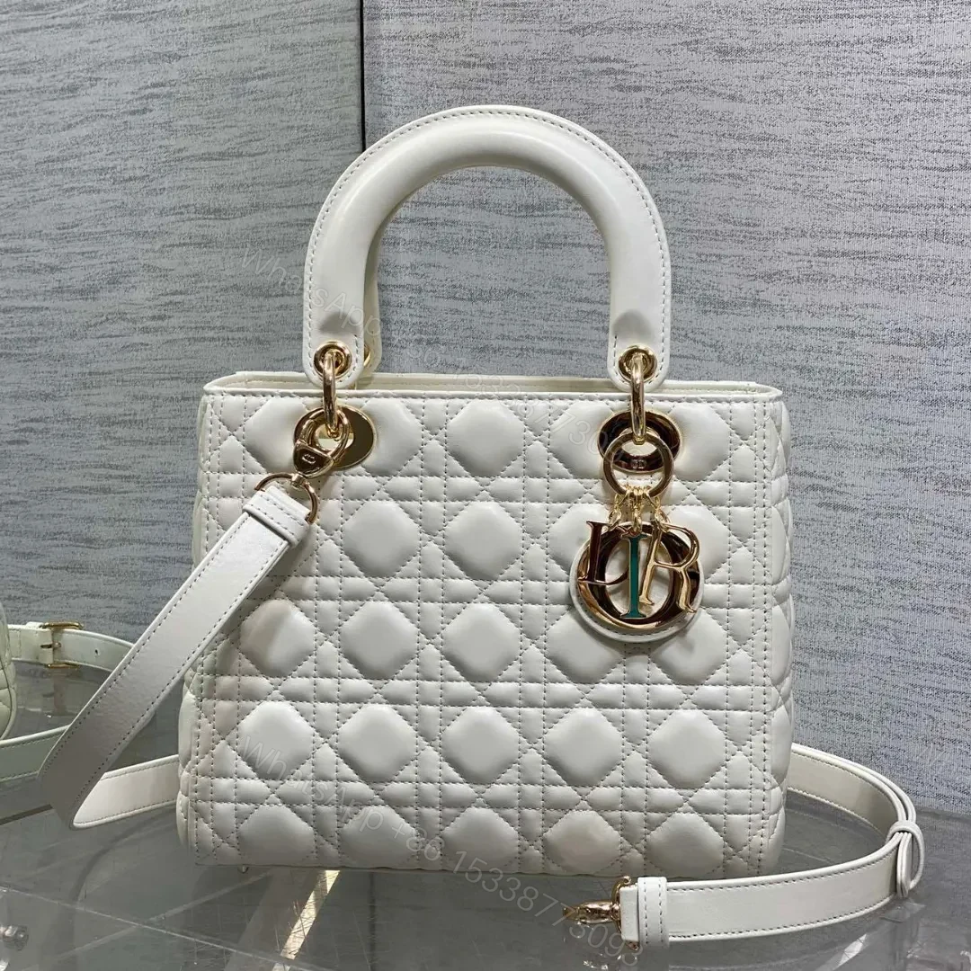 Dior Medium Lady Bag in White Gold Hardware — view 1