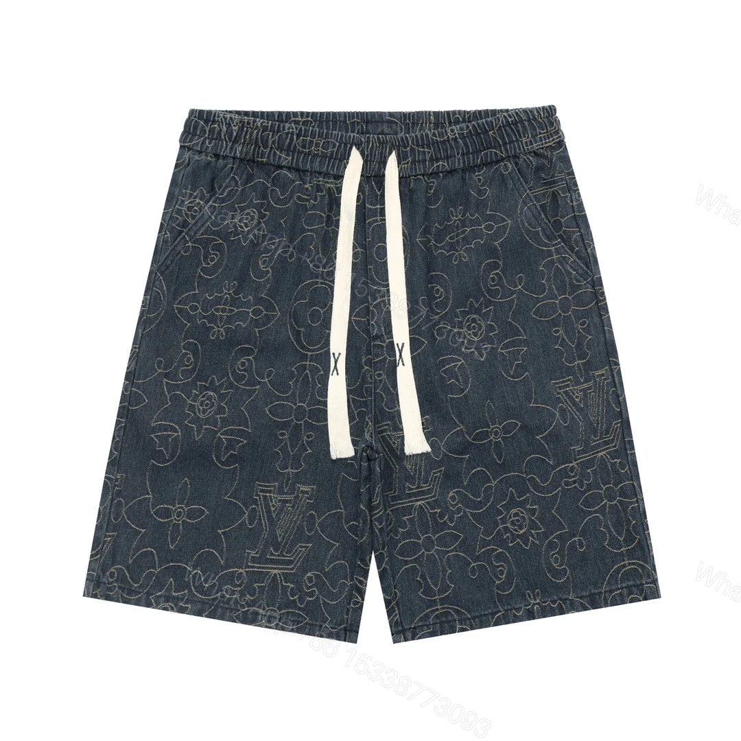 LV A貨男士牛仔短褲 深色Monogram刺繡 白色抽繩休閒設計 — view 1