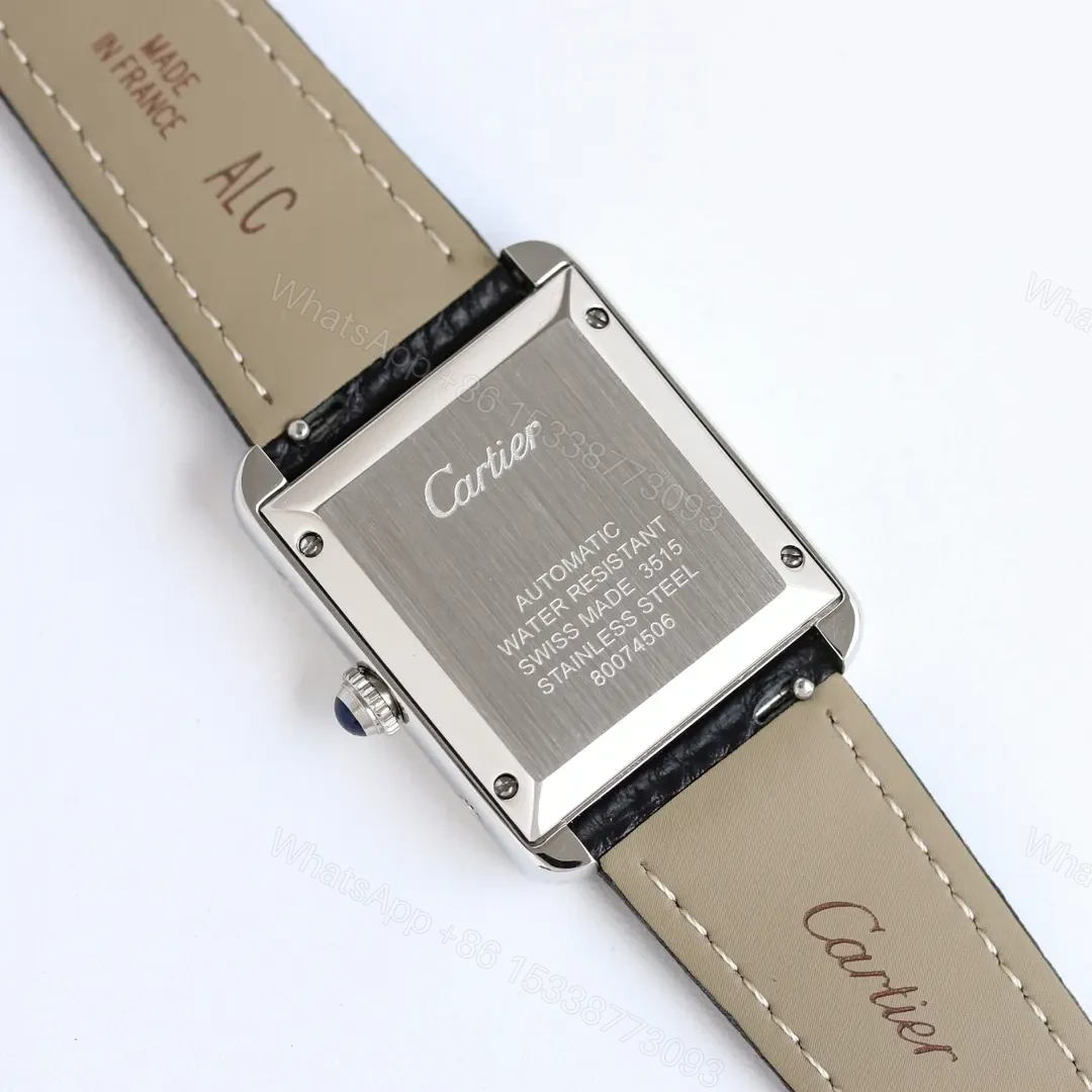 View 4 of AF Factory Cartier Tank MK3 Women’s Automatic Mechanical Watch – Silver with Diamond Bezel, Black Leather Strap
