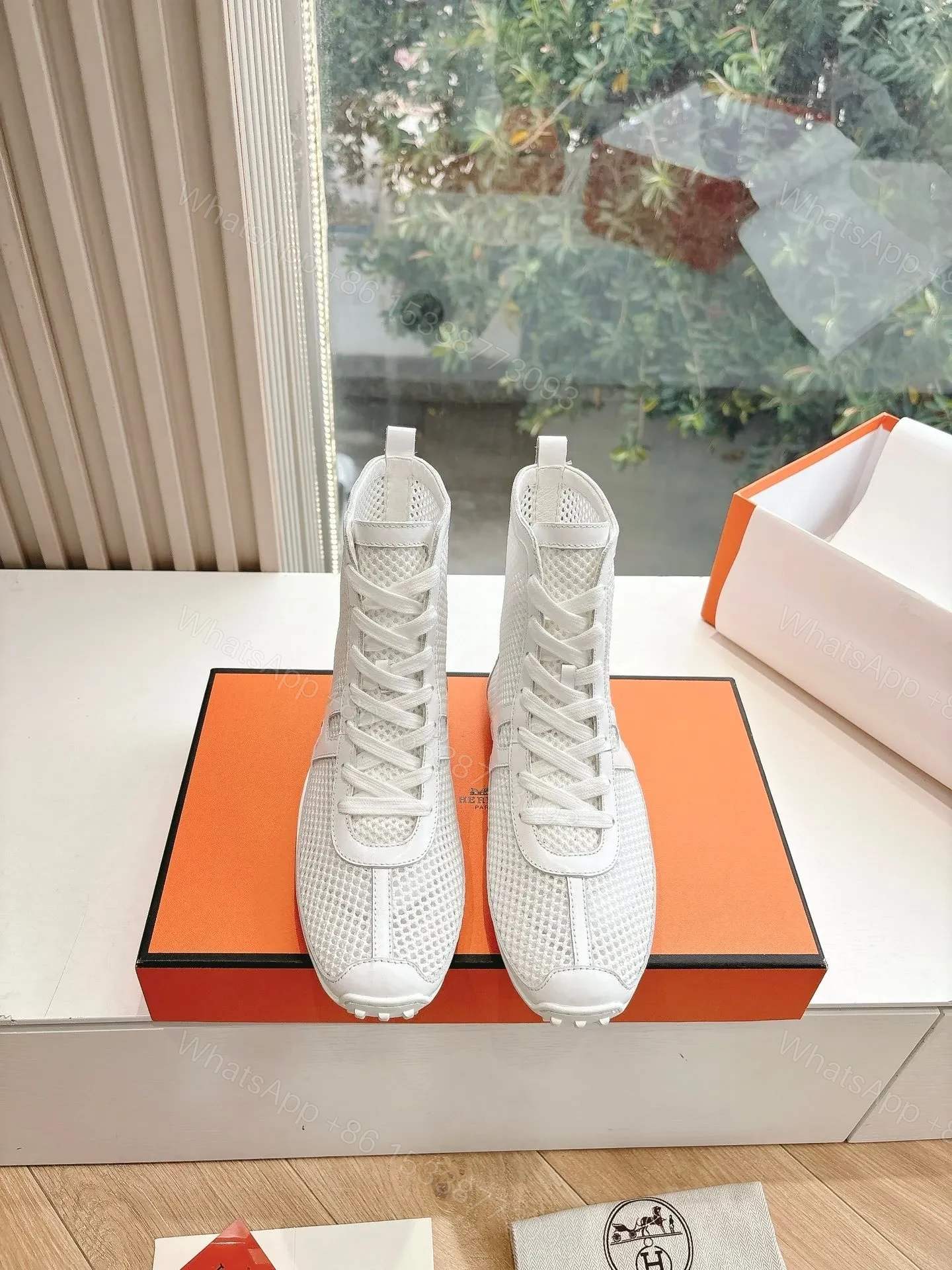 Hermes Women White Mesh Leather Sneakers — view 1