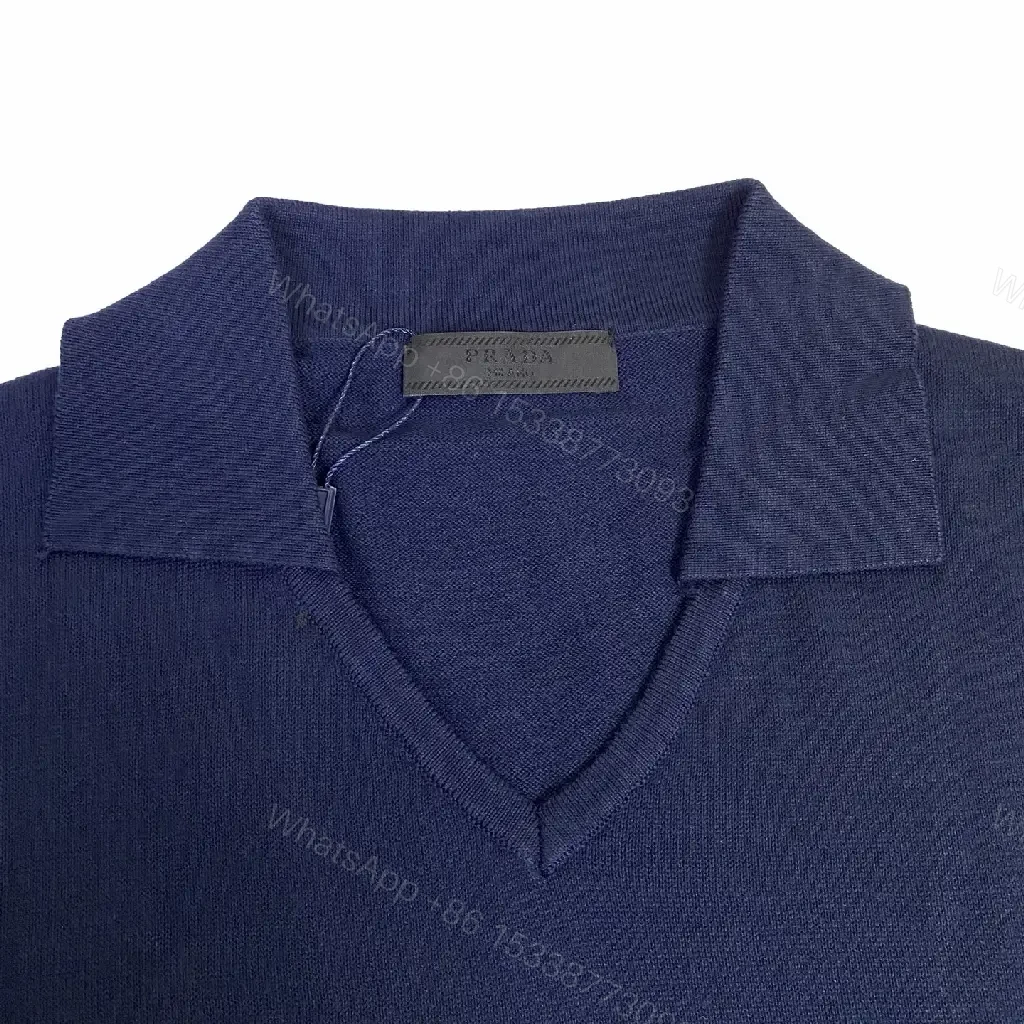 View 9 of Navy Knit Polo V-Neck Top with Crest Emblem, Short Sleeves