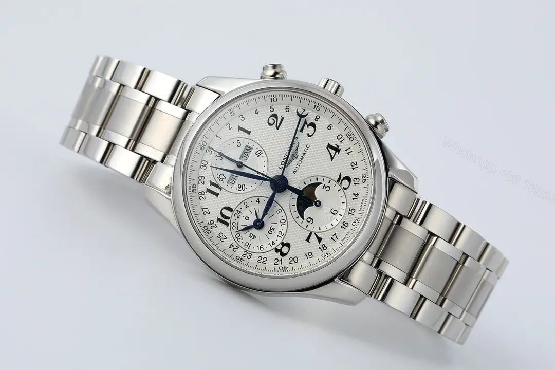 View 4 of Longines Master Collection Moonphase Eight Hand V4 Watch Silver Stainless Steel White Dial Blue Sub dials