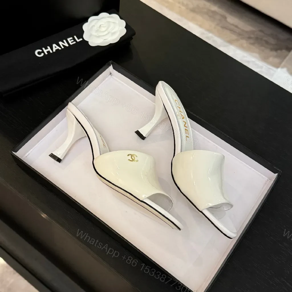 View 3 of White Patent Mules with Gold Logo – Elevating Everyday Glam