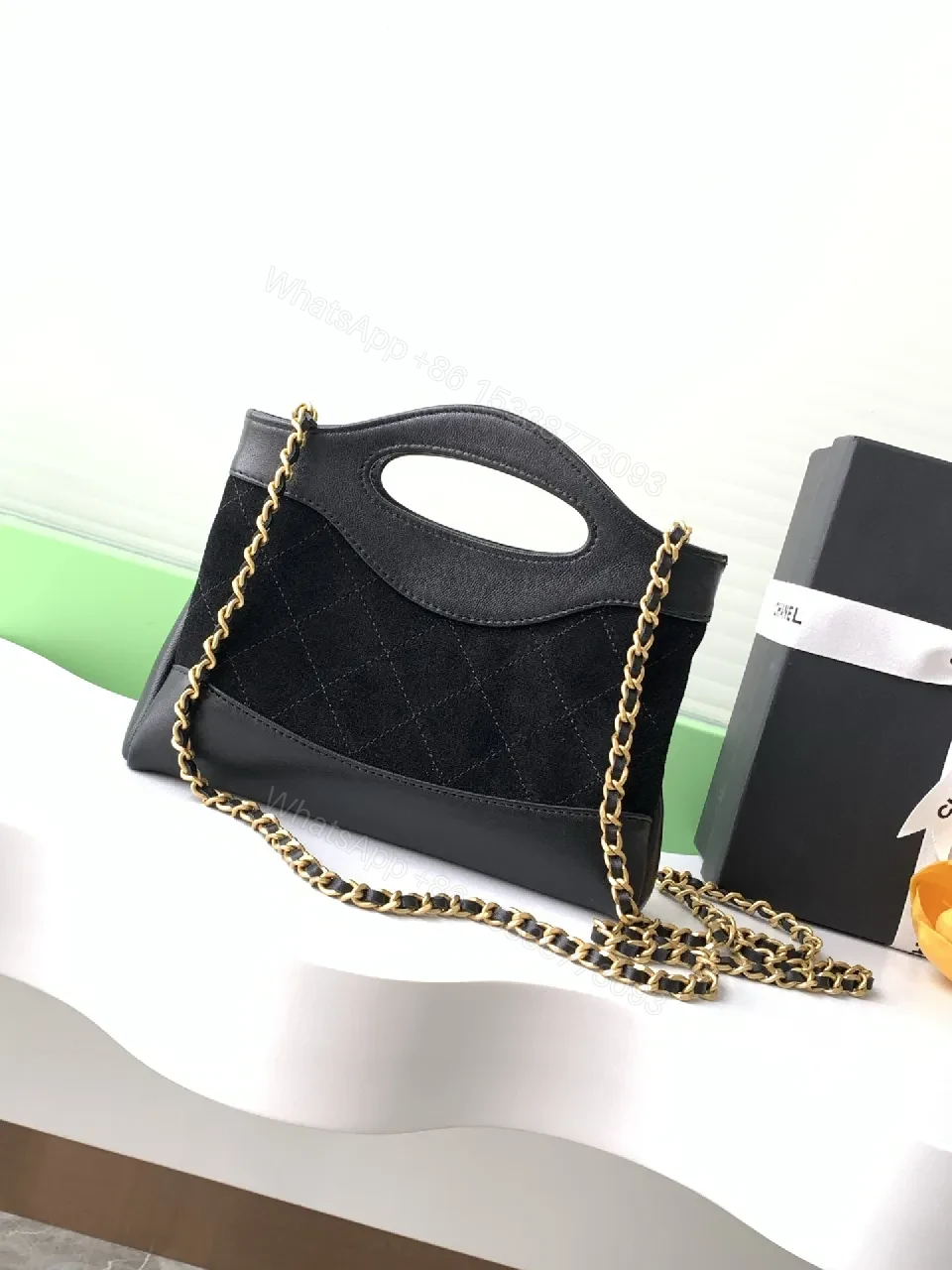 View 2 of Quilted Satin-Trim Handbag with Gold Chain
