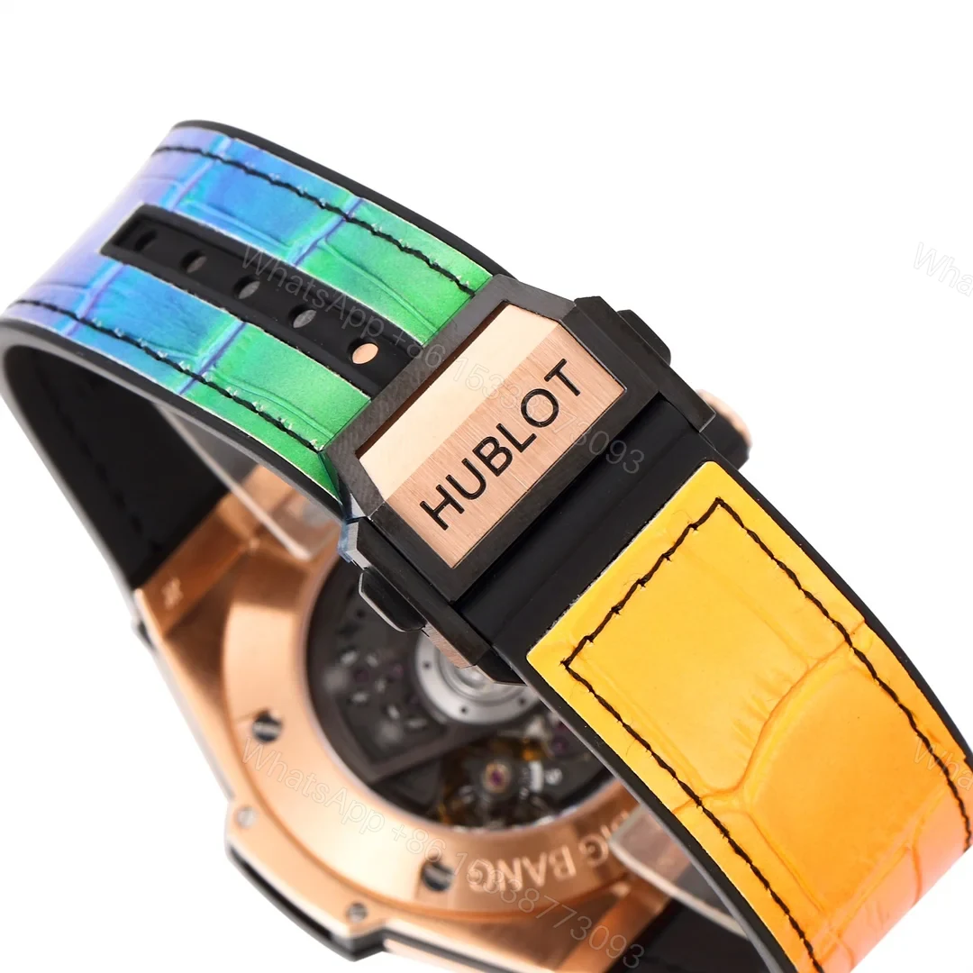 View 9 of Hublot Big Bang Rainbow Replica 45MM Premium Rose Gold Case Purple Orange Leather Strap Edition RG-HUBLOT-RAINBOW-RG-45
