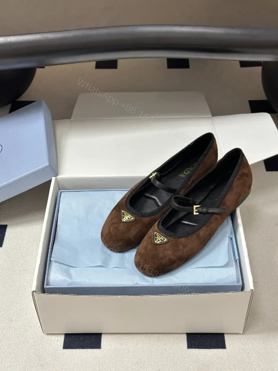 View 8 of Brown Suede Mary Jane Flats Black Trim Classic Prada-Style Logo Shoe