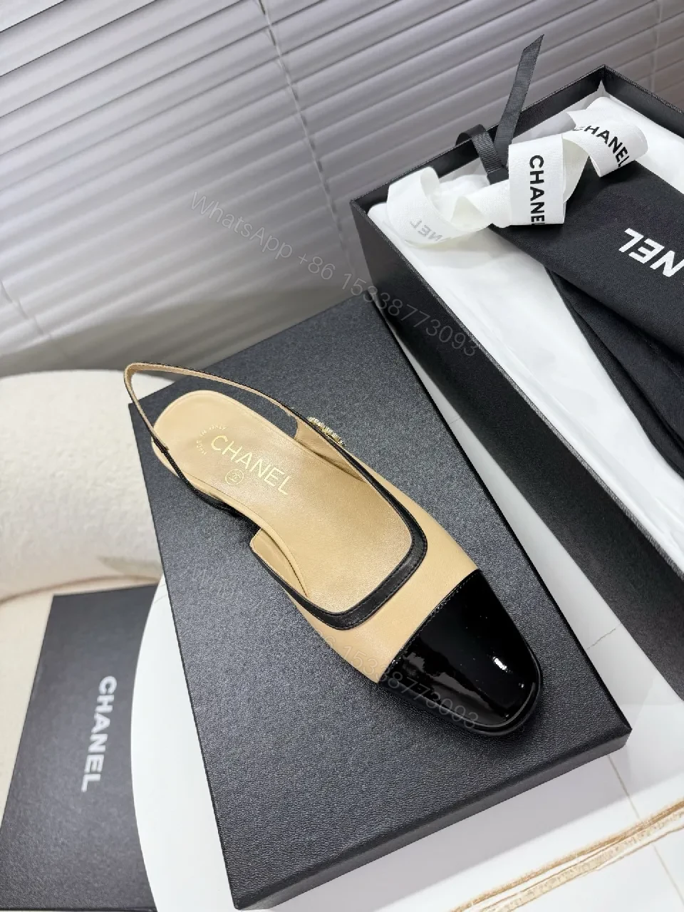 View 6 of Beige Leather Slingback Pumps with Glossy Cap Toe