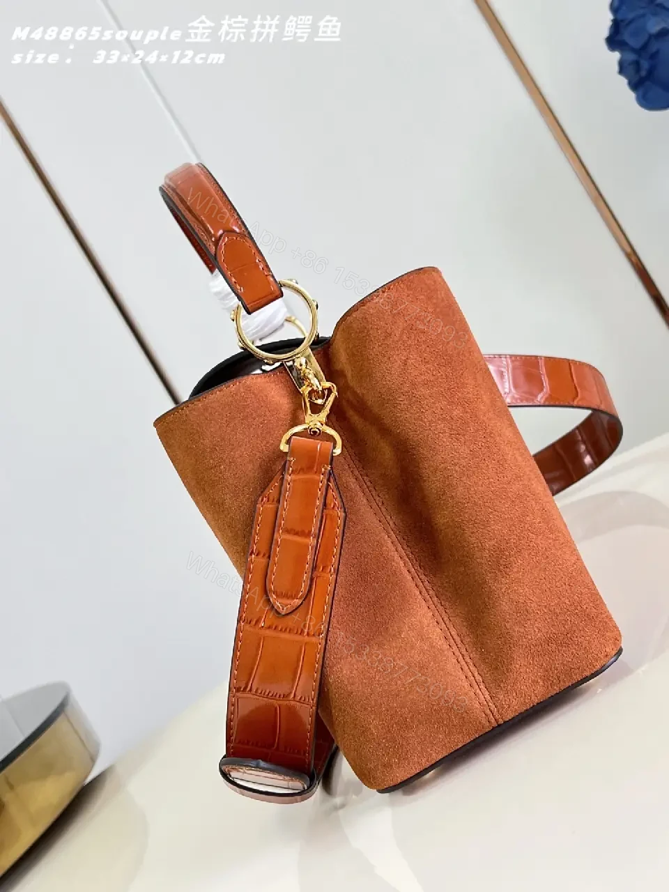 View 4 of Warm Tan Suede Shoulder Bag with Gold Hardware