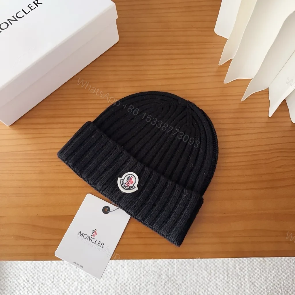 View 7 of Compact Knit Beanie with Moncler Patch - Black, Ribbed Style, Warmth
