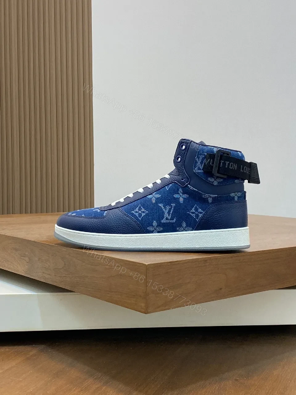 View 8 of Blue Patchwork Leather-Textile High-Top Sneakers with Monogram Feature